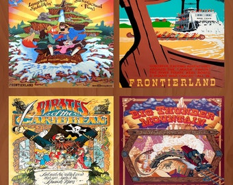 Handmade Ceramic Coasters - Retro Disney Adventure Attraction Poster - Set of 4 - Pirates, Splash Mountain, Big Thunder, Tom Sawyer