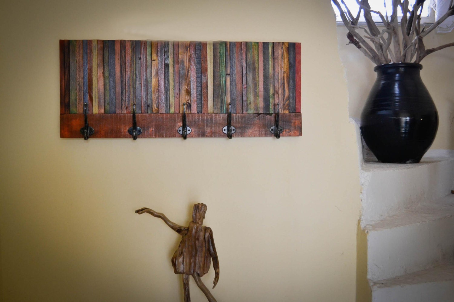 colourfull coat rack from reclaimed wood.SAVE A TREE LINE