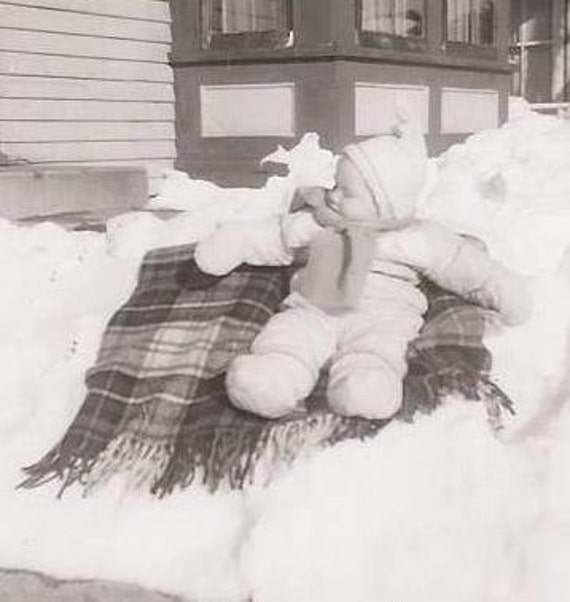 Snow Baby, Vintage Photograph, Black and White Photo, Baby on a Blanket in the Snow, Snowsuit, Bundled Up Baby, Winter Scene