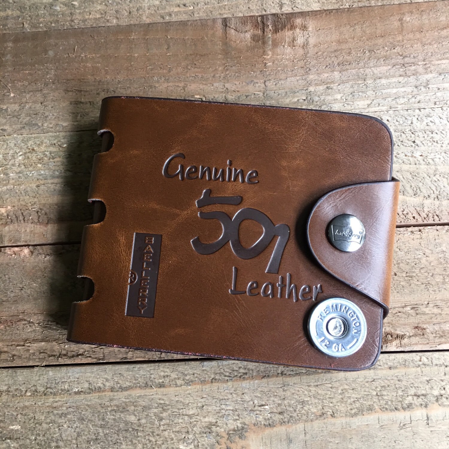 Mens brown trifold wallet nickel remington 12 gauge shell