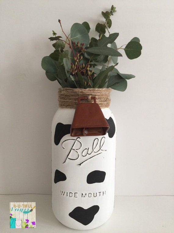 Cow Print Kitchen Decor. Half Gallon Mason Jar. Farm Themed