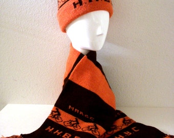 Vintage 60s 70s Knit Cap with Pom Pom and Matching Knit 76" Long Scarf - Bicycle Theme Hat and Scarf Set - Orange and Brown Bicycle Hat OSFA