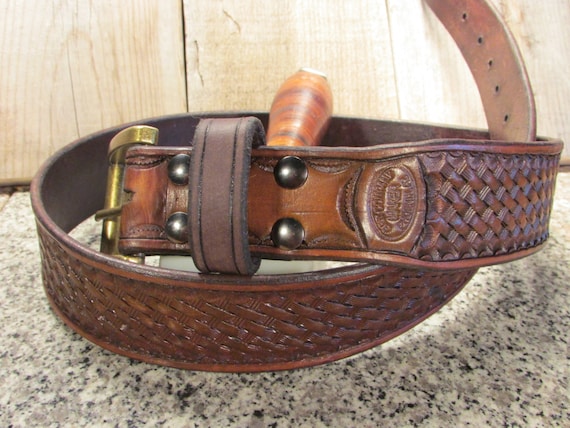 1.75 Wide Hand Tooled Basketweave Leather Belt