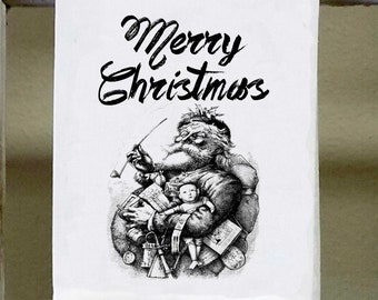 Vintage Christmas Kitchen Towel, Christmas decor, Hostess gift, Santa, Merry Christmas, black and white