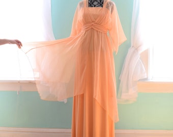 Vintage 1970s Peach Maxi Dress Sheer Bridesmaid Wedding Guest Kimono Fall Hippie Festival Renaissance Party Boho XSmall XS Small S Size 0 2