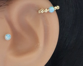 Light-Blue Opal Cartilage Earring- Gold Beaded Helix Hoop - Silver Cartilage Piercing - Helix Jewelry - 16-22 Gauge - 8-12mm Inner Diameter