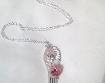 Angel Wing Necklace - Angel Wing Heart Rose Quartz Necklace - Swarovski Heart Necklace -