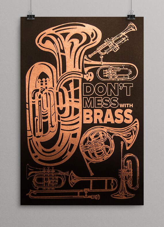 Poster Brass Instruments Shimmering Brass Metallic Ink Silk