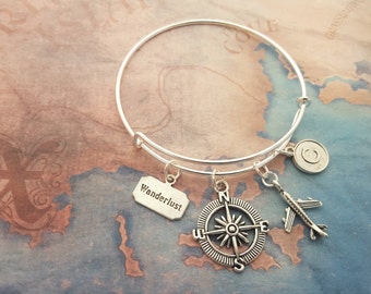 Travel Bangle, Wanderlust Jewelry, Compass Jewelry, Personalised Bangle, Silver Bracelet, Adjustable Bangle, Expandable Bangle, Travel Gift