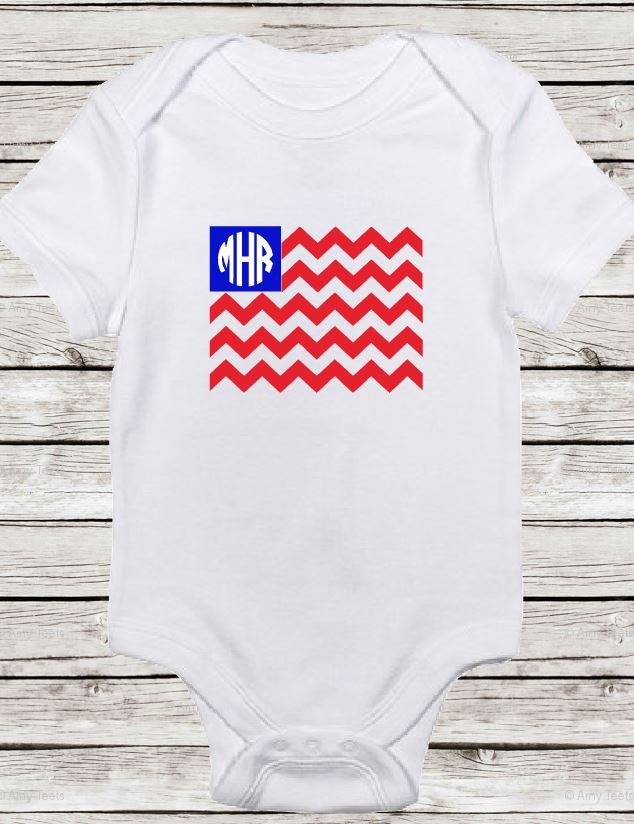 Chevron American Flag Monogram Baby Onesie by RaeLeeGraceDesigns