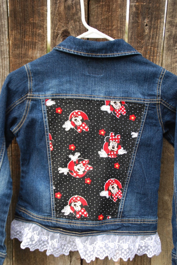 items similar to repurposed denim jacket with lace minnie mouse fabric panel size large items similar to repurposed denim jacket with lace minnie mouse fabric panel size large