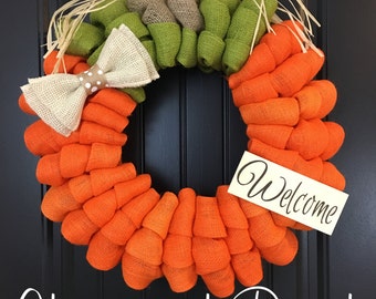 Pumpkin Burlap Wreath - Welcome Door Wreath - Rustic Country Shabby Chic Thanksgiving Fall Autumn Harvest Halloween