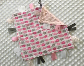 Personalized Tag Blanket Sensory Ribbon Blanket Lovey- Pink Elephants and Minky Dot