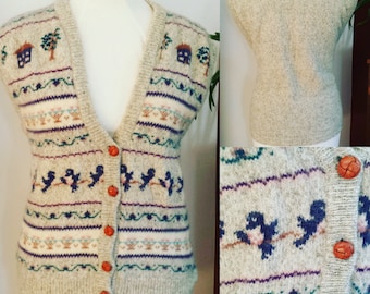 vintage kitsch vest, wool vest, fall vest, knit vest, blue bird, striped vest, knitwear vest, button up vest, 80's vest, kitschy vest
