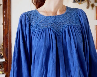 Vintage blue mexican tunic/blouse crochet 80's Mexico hippie ethnic