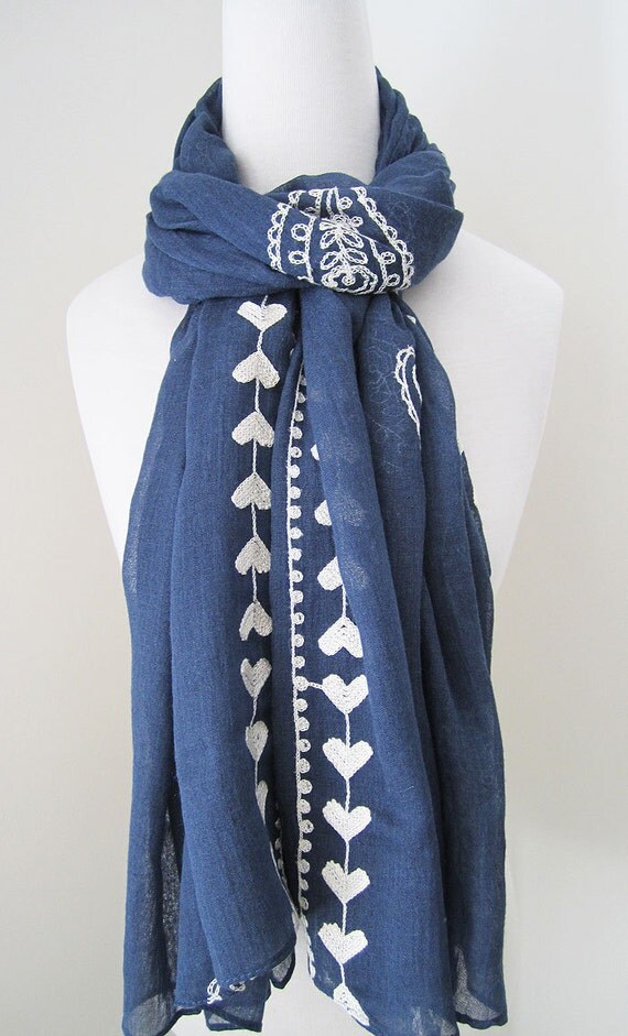 Navy blue scarf cotton embroidery with white paisley and heart