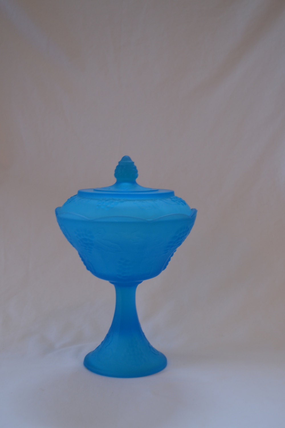 Vintage Blue Satin Vaseline Glass Covered Pedestal Candy Dish