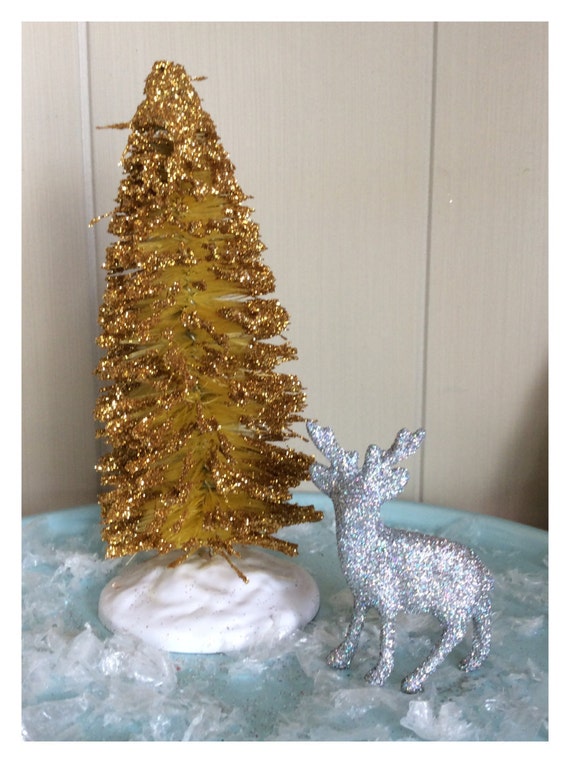 Gold Yellow 6 inch tall bottle brush tree