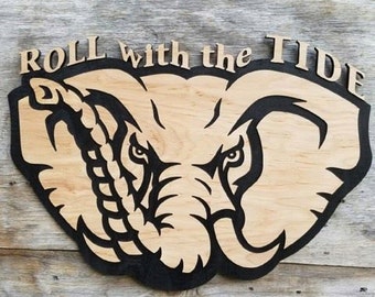Alabama Crimson Tide Football Wooden Decor Bama Man Cave Sign Roll with the Tide