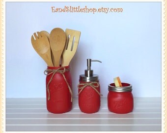 Red Mason Jar Kitchen Set Of 3 Wedding Gift Rustic Decor Housewarming Gifts Red Mason Jar Kitchen Set Of 3 Wedding Gift Rustic Decor Housewarming Gifts
