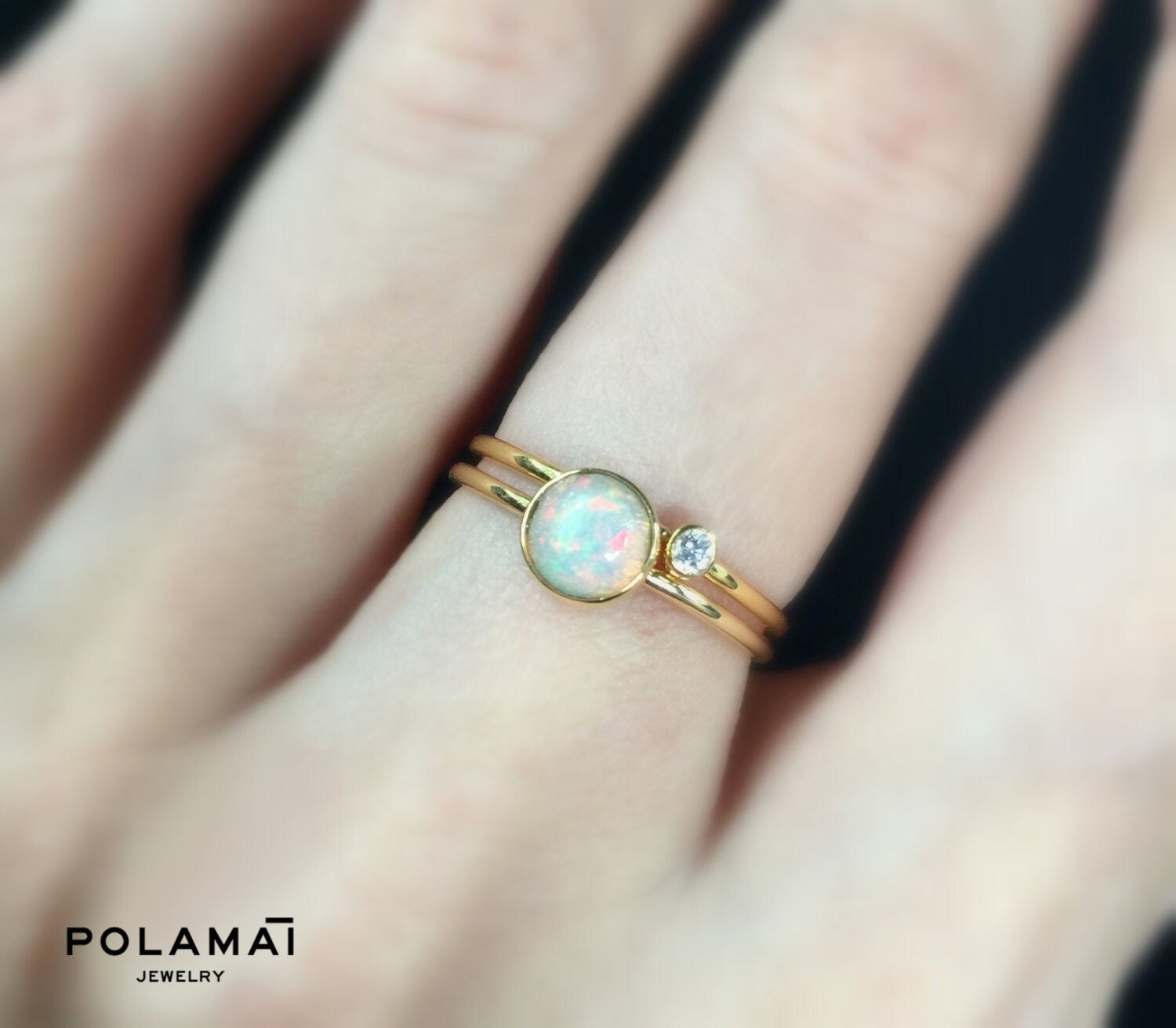 Opal Ring 14k 5mm Solid Gold . Opal Stacking Ring . White