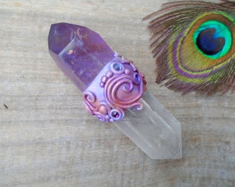 Magic Crystal Wand. Ametrine Quartz Amethyst Gemstones Clay. Altar Shrine Witch Tools.