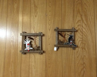 Wood Chickens on Chicken Wire Barn Wood Frames with Dry Floral and Feathers (pair)