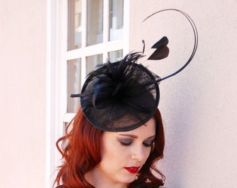 Black Fascinator with Ostrich Spines Womens Tea Party Hat, Church Hat, Derby Hat, Fancy Hat, Navy Blue Hat, Tea Party Hat,wedding hat
