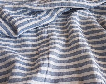 Wide striped linen fabric, blue and white stripes, stonewashed pure linen fabric, authentic soft linen, horizontally striped, for DIY