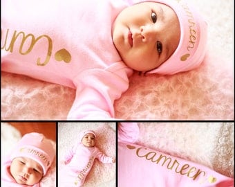Newborn girl pink gown Personalized - take home outfit newborn girl hospital outfit - Hat sold separate