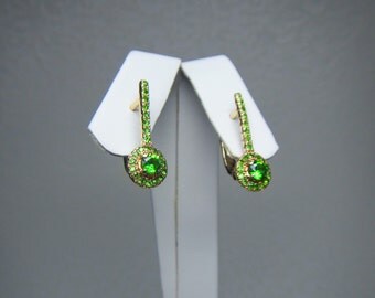 Rare Russian Demantoid Garnet Earrings Halo Yellow 14K Gold Latch Back