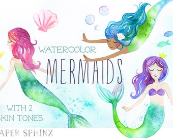 Watercolor Mermaids Clipart | Fantasy Ocean Clip Art - Watercolor Fish, Bubbles and Starfish - Two Skintones - Instant Download Digital PNGs