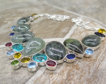 Moss Agate Blue Topaz Citrine Garnet Sterling Silver Necklace