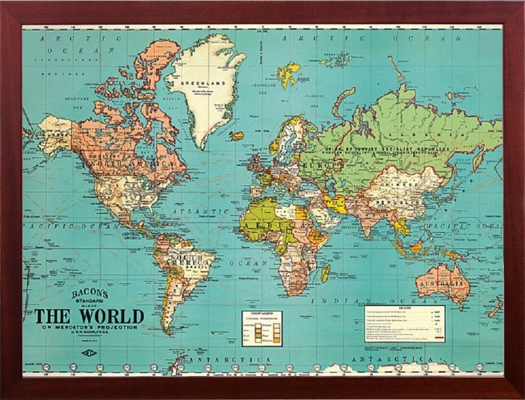 Framed World Map Vintage Parchment Decorative Walnut Finish