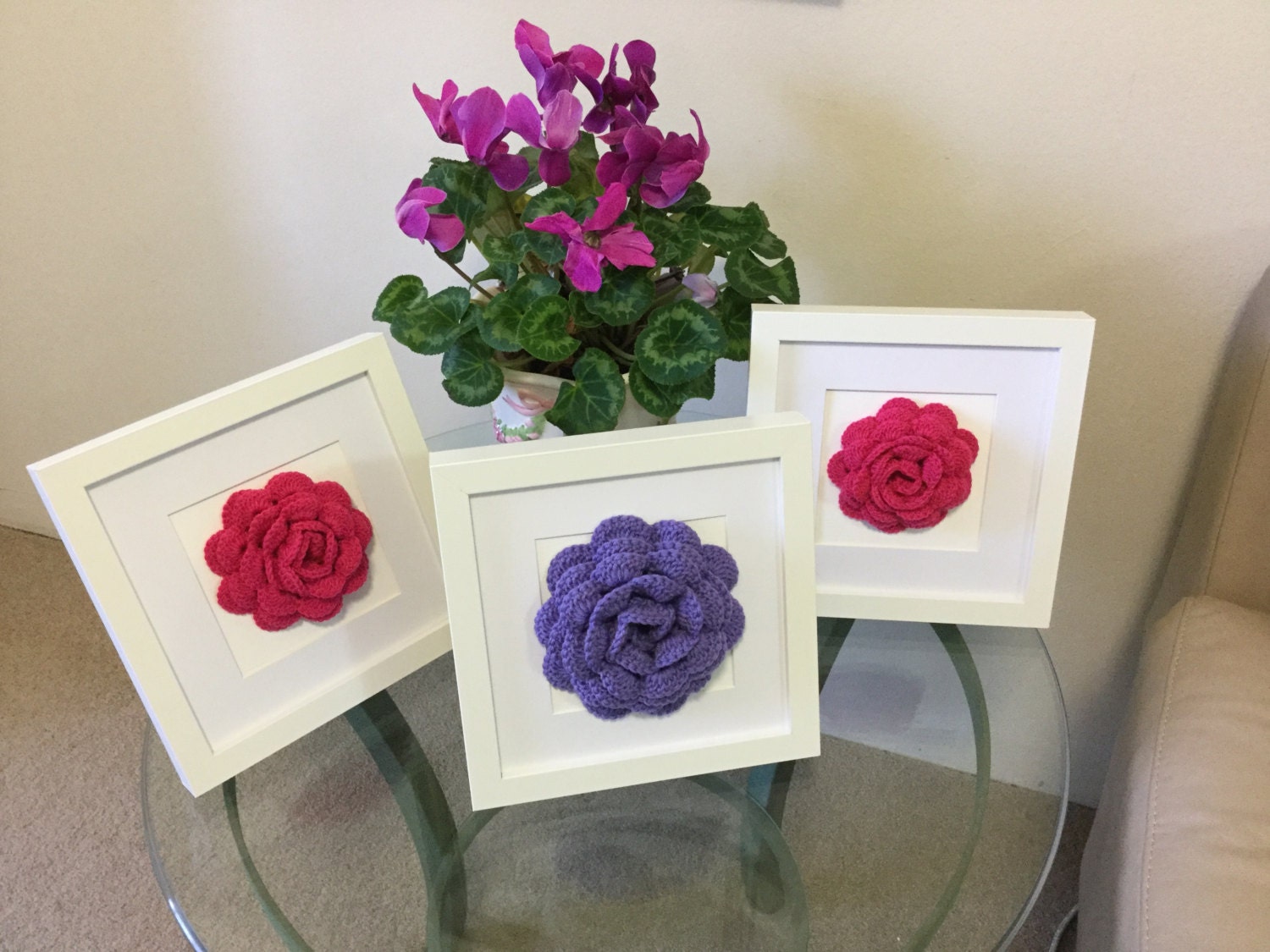 Original wall art crochet flower art framed rose by JilaCrochet