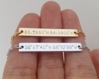 Custom Hand Stamped Gold Silver Coordinates Necklace, Location GPS Coordinates, Latitude Longitude, Wedding Gift, Anniversary Gift