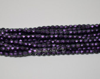 4MM, Heavy Eggplant, Round Faceted, Fire Polished Czech Glass Beads - 50 Beads