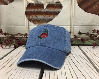 RED ROSE Baseball Cap Low Profile Dad Hats Baseball Hat Embroidery Light Denim