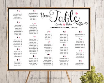 Wedding Seating Chart / Wedding Seating Plan With Pink Hearts - PDF + JPG Format (16x20, 18x24, 24x36, A1, A0, )