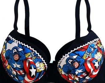Captain America Push-up Bra, Super Heroes Patched Push-up Bra with Lace Trim, Marvel Comics Bra
