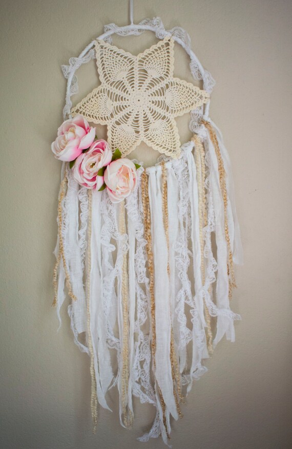 White Boho Dream Catcher Lace Roses Crochet Vintage Large