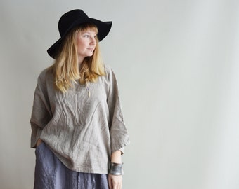 Oversized linen top, boxy top, Plus size linen shirt, Plus size top, Boho Top, Boxy Shirt, Oversized Black Top, 3/4 sleeves, Linen Tunic Top