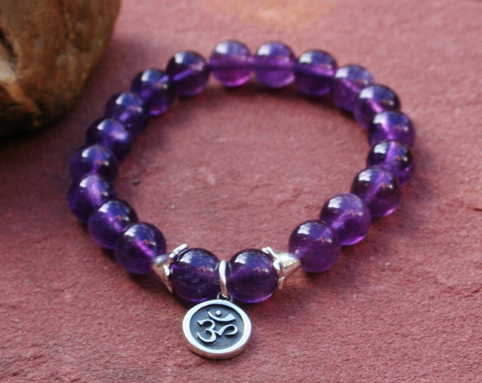 Purple Amethist Ohm Bracelet - With Cute Sterling Silver Ohm Charm And Sterling Silver Spacers