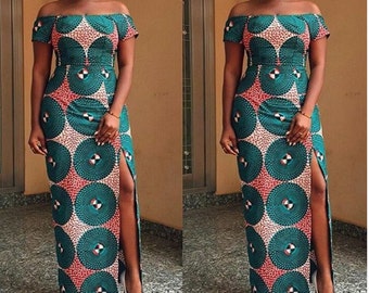 Long African Print Dress with Thigh-High Slit