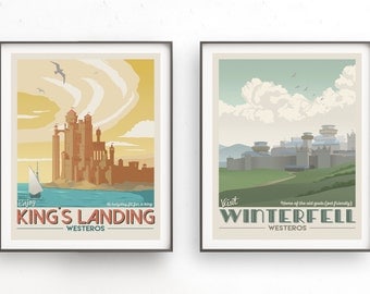 Set of two retro travel poster. Game of thrones illustration. Poster TV show GOT. Stark. Lannister. Daenerys Targaryen. Arya Stark. Jon Snow