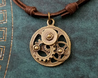 Cogs and Gears Necklace Gears Jewelry Steampunk Jewelry Charm Necklace Leather Necklace Brown Cord Necklace Men's Jewelry Boyfriend Necklace