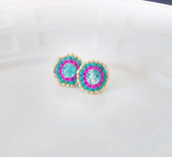 Beaded Stud Earrings. Statement Seed Bead Studs. Cute Blue hot