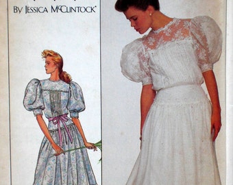 Vintage Gunne Sax Dress Pattern Edwardian Style Dress Simplicity 8610 Bust 32.5 Factory Folded Puff Sleeves