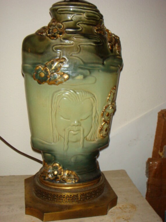 Chinoiserie Asian figural lamps pair of mid century brass