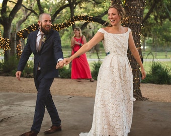 April, Guipere Lace Off-the-Shoulder Wedding Dress with corset